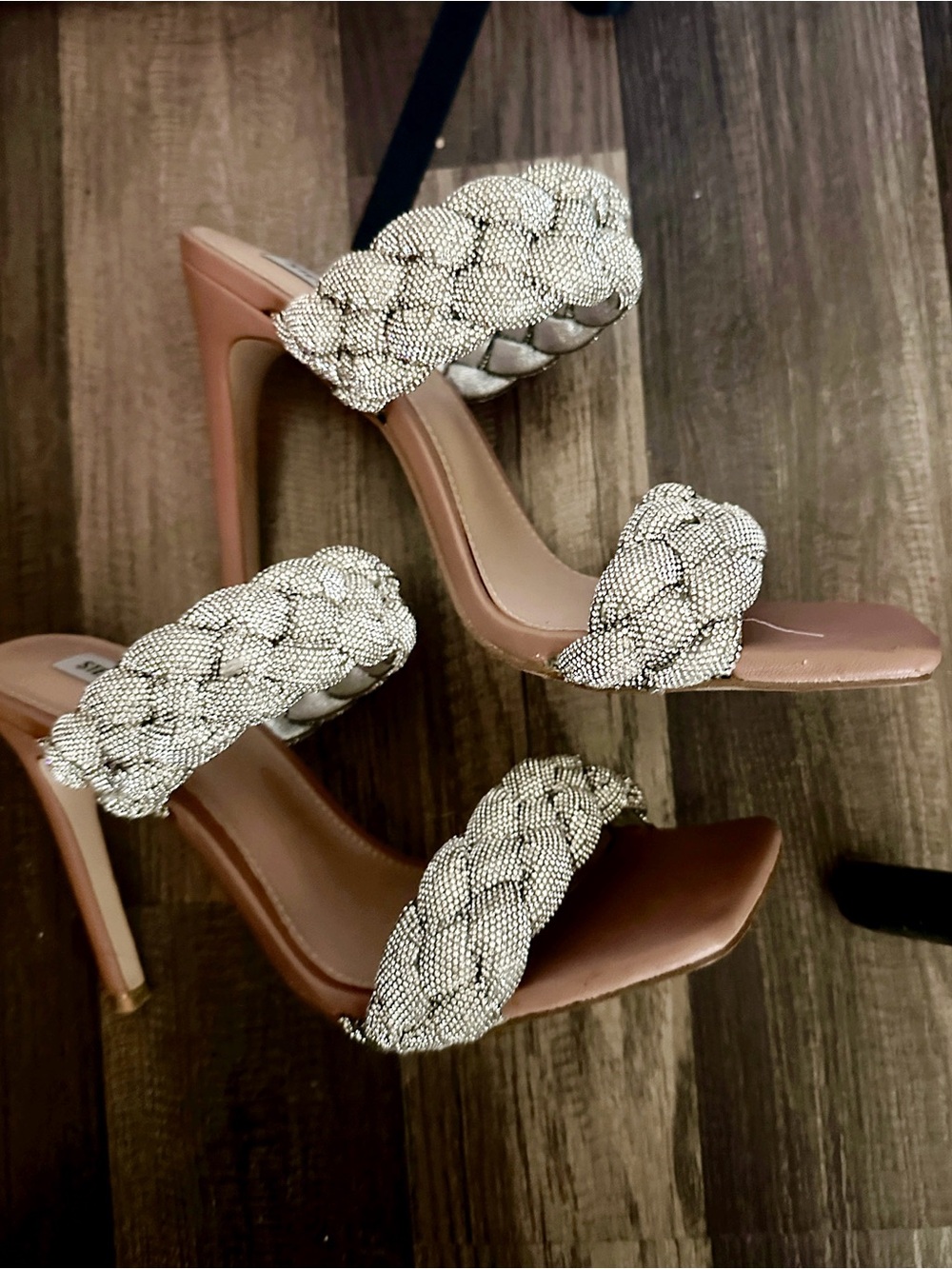 Crystal Braided Double-Band High Heel Sandals - Silver on Tan